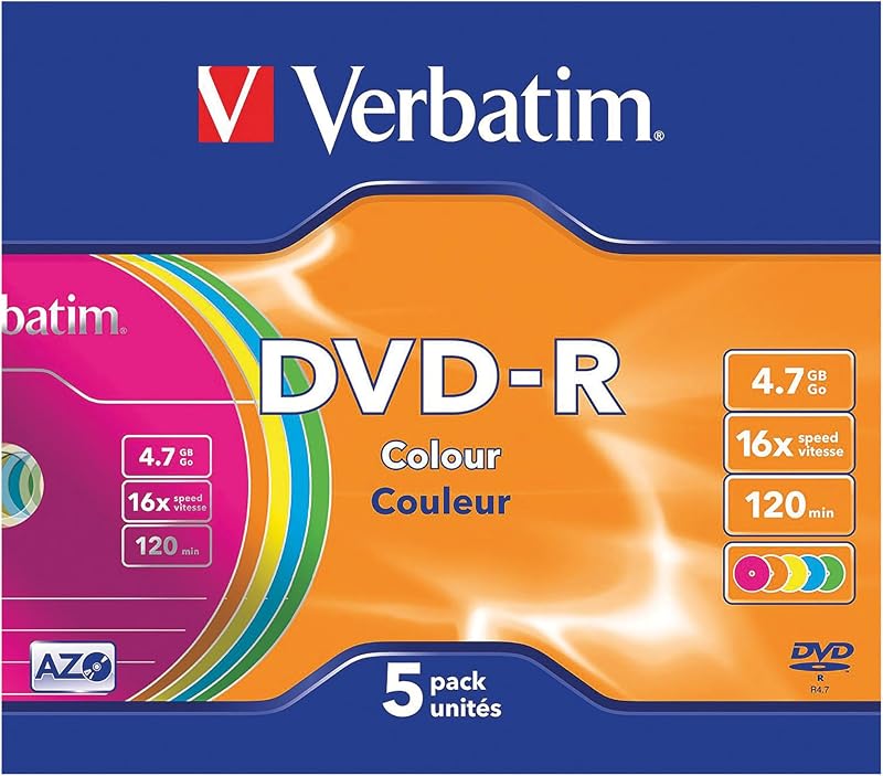 Verbatim DVD-R AZO 4.7GB 16x Speed Blank Discs Slim Case 5 Pack Multicoloured