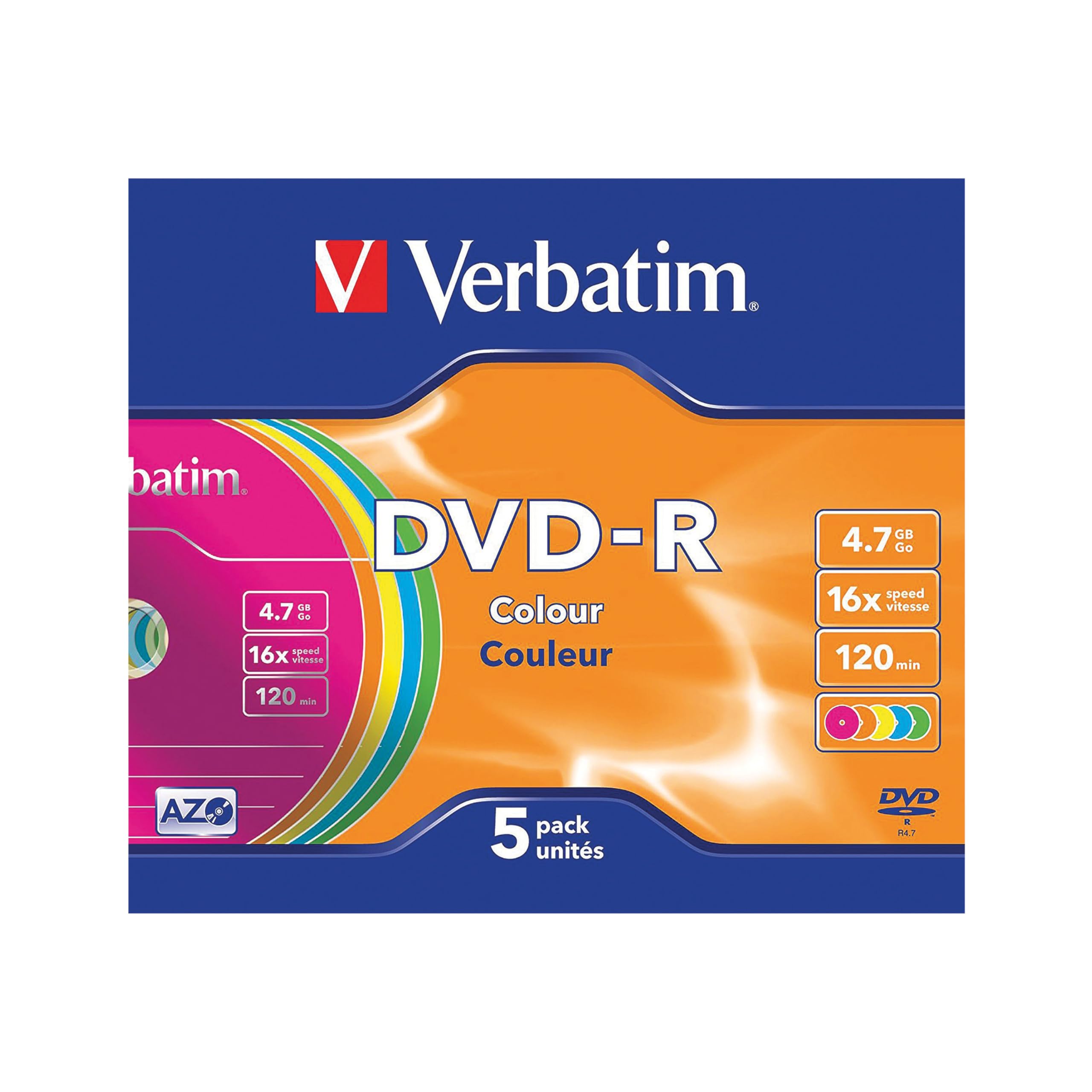 Verbatim DVD-R AZO 4.7 GB - 16x Burning Speed, Slim Case, 5 Pack, Multicoloured