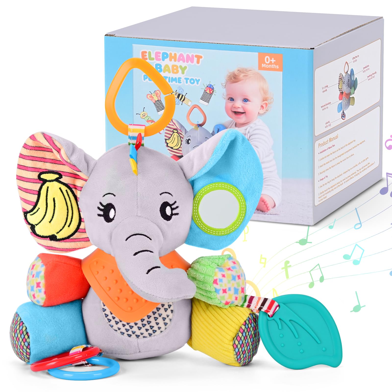 CaftyMids Baby Toys 0-6-12 Months: Elephant with Detachable Touch-Sensitive Sound Box (30 Sounds), Removable Bib, Teether, Rattle, BB Squeaker, Mirror | Attaches to Strollers, Car Seats, Carriers