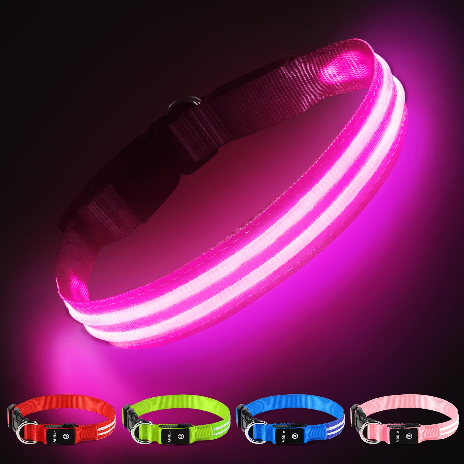 PcEoTllar Light Up Dog Collar - Rechargeable, Waterproof, Adjustable LED Collar for Night - Flashing, Glowing for Small Medium Large Dogs - Pink-S