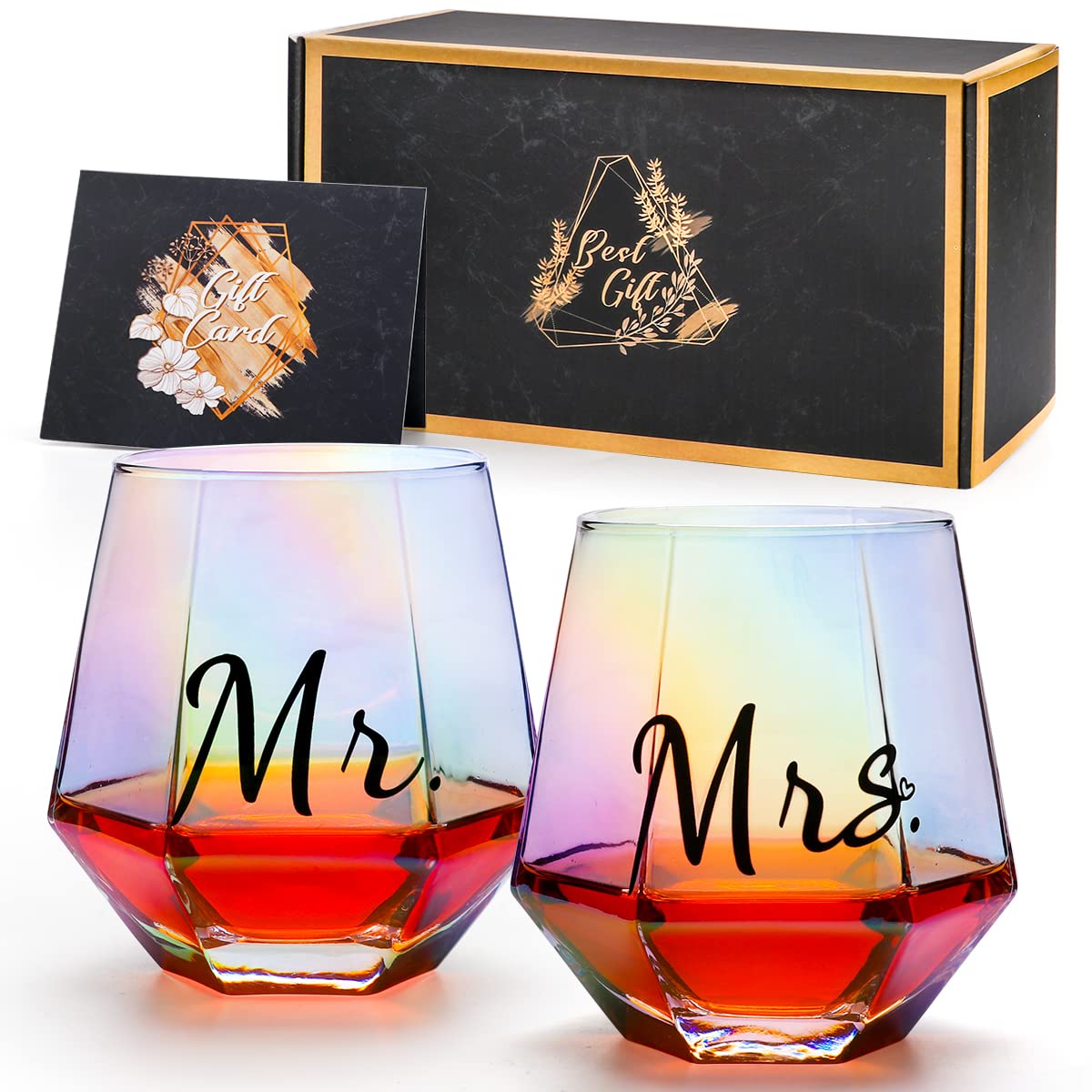 Gutsdoor Mr and Mrs Wine Glasses, Stemless Iridescent Wine Glasses Set of 2, 10 Oz Diamond Shaped, Unique Rainbow Valentines Engagement Wedding Gifts for Him and Her