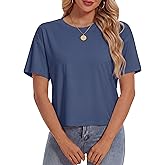 YUCOLEN Women's Crop Tops Summer Short Sleeve Cotton UPF 50+ Round Neck Casual Loose Cropped T-Shirts Solid Basic Tees