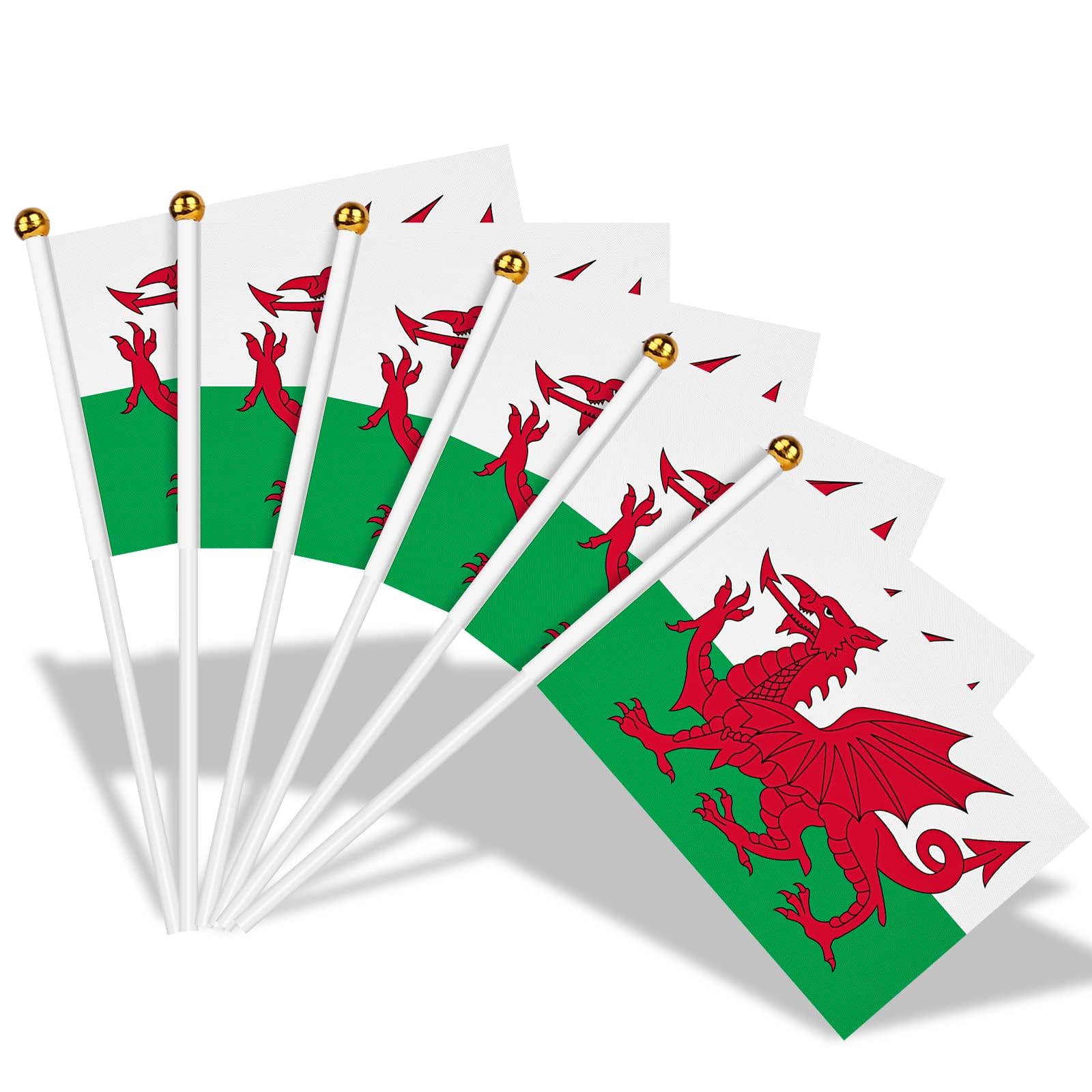 AhfuLife Welsh Flags on Sticks for St David's Day, 30Pcs Wales Welsh Dragon Hand Held Small Flags with 40cm White Poles for Six Nations Rugby Euro World Cup Football Party Decor (14 x 21 cm, 30 Pcs)