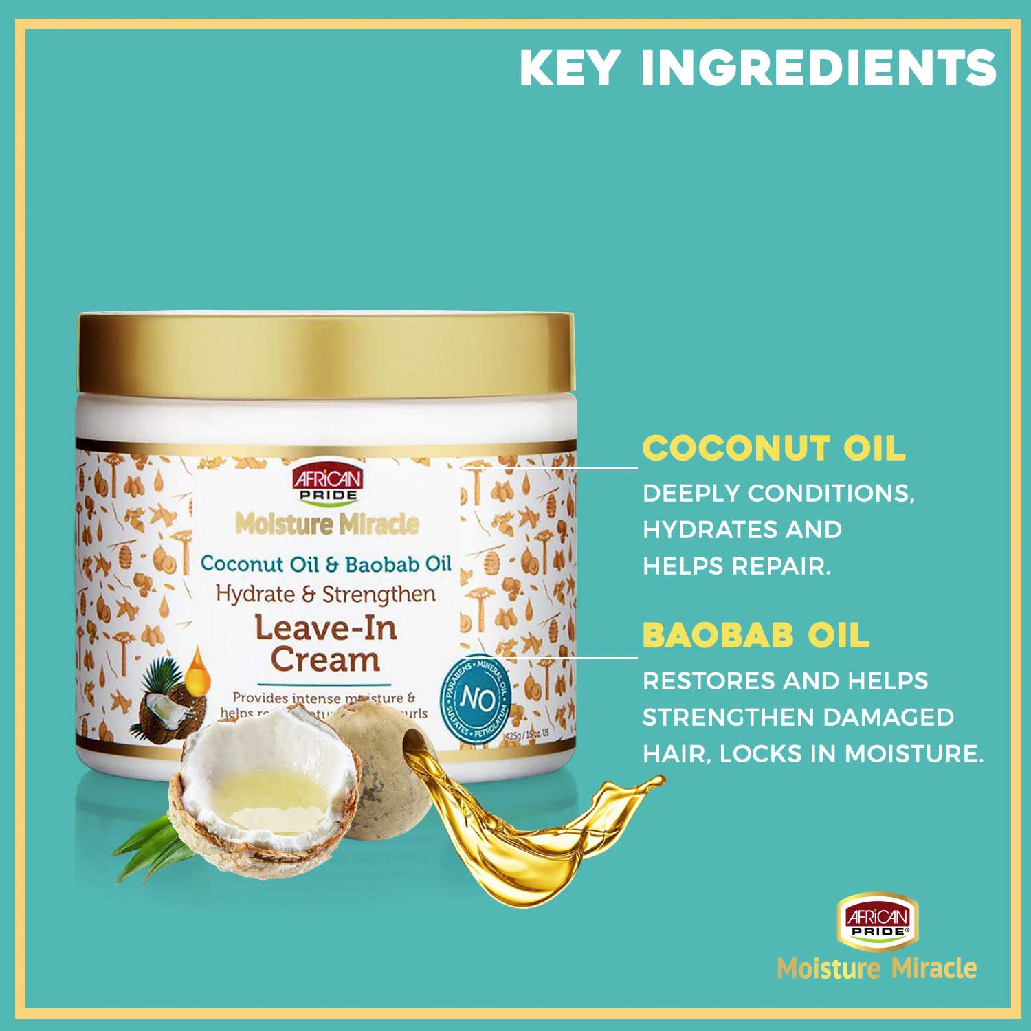 African Pride Moisture Miracle Coconut Oil & Baobab Oil Leave-In Cream - Provides Intense Moisture & Helps Repair Natural Coils & Curls, Hydrates & Strengthens, 15 oz : Beauty