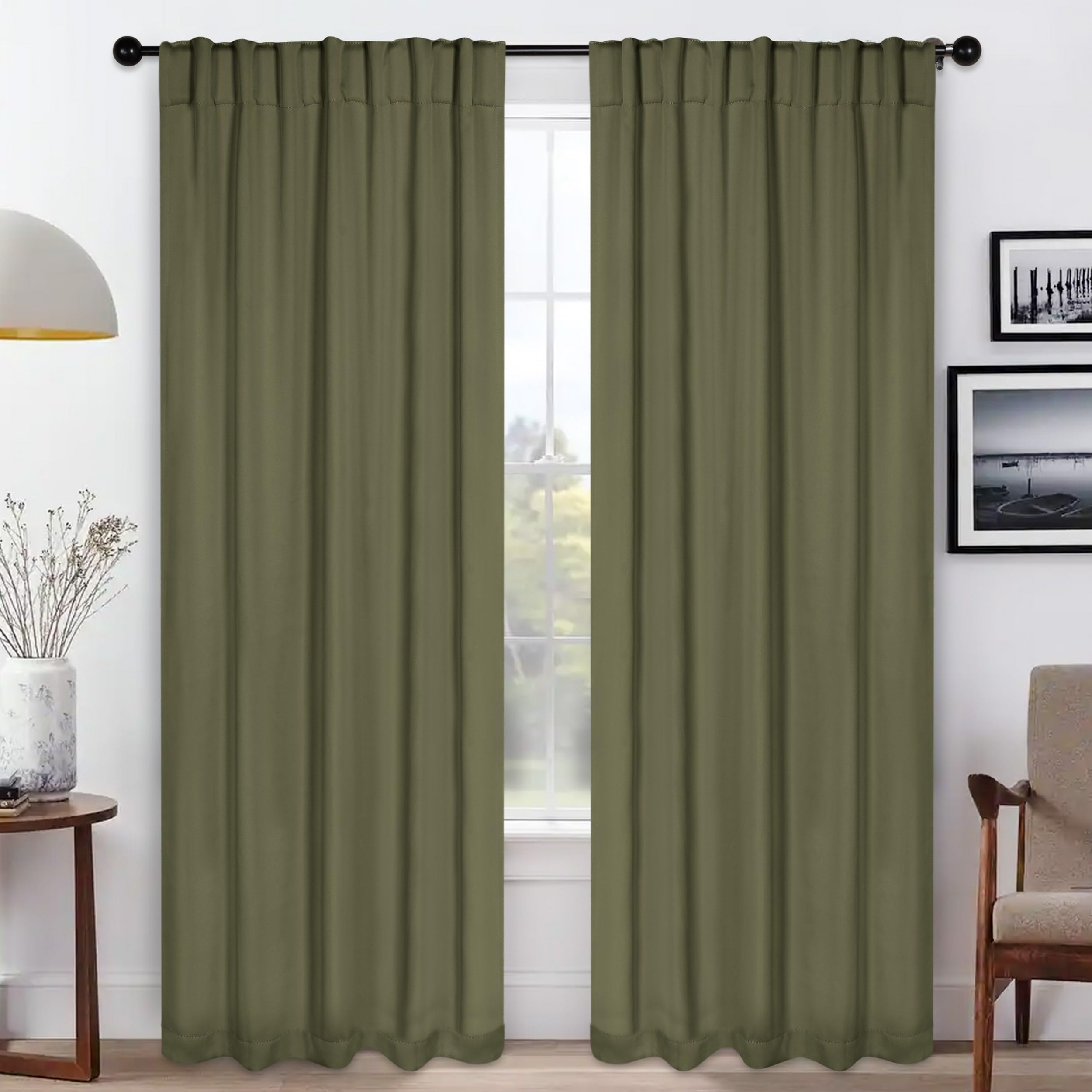Superior Blackout Curtains, Room Darkening, Bedroom, Drapes, Kitchen, Living Room Window Accents, Sun Blocking, Thermal, 2 Pack, Solid Blackout Back Tab Curtains, Set of 2, 52″ x 108″, Olive Green