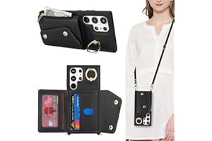 Lipvina for Samsung Galaxy S23 Ultra Case with Card Holder and Strap - Zipper Pocket,Crossbody Lanyard Strap,Credit Card Holder,Stand Ring,Cute Phone Wallet Case for Women(Black,6.8 Inch)