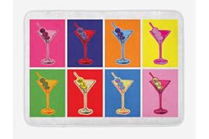 Alcohol Bath Mat, Colorful Pop Art Style Martini Glasses Olives Design with Vibrant Contrast Colors, Plush Bathroom Decor Mat