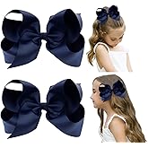 DEEKA 2 PCS 6" Big Hand-made Grosgrain Ribbon Solid Color Hair Bows Alligator Clips Hair Accessories for Little Teen Toddler Girls Kids Set of 2 -Navy Blue