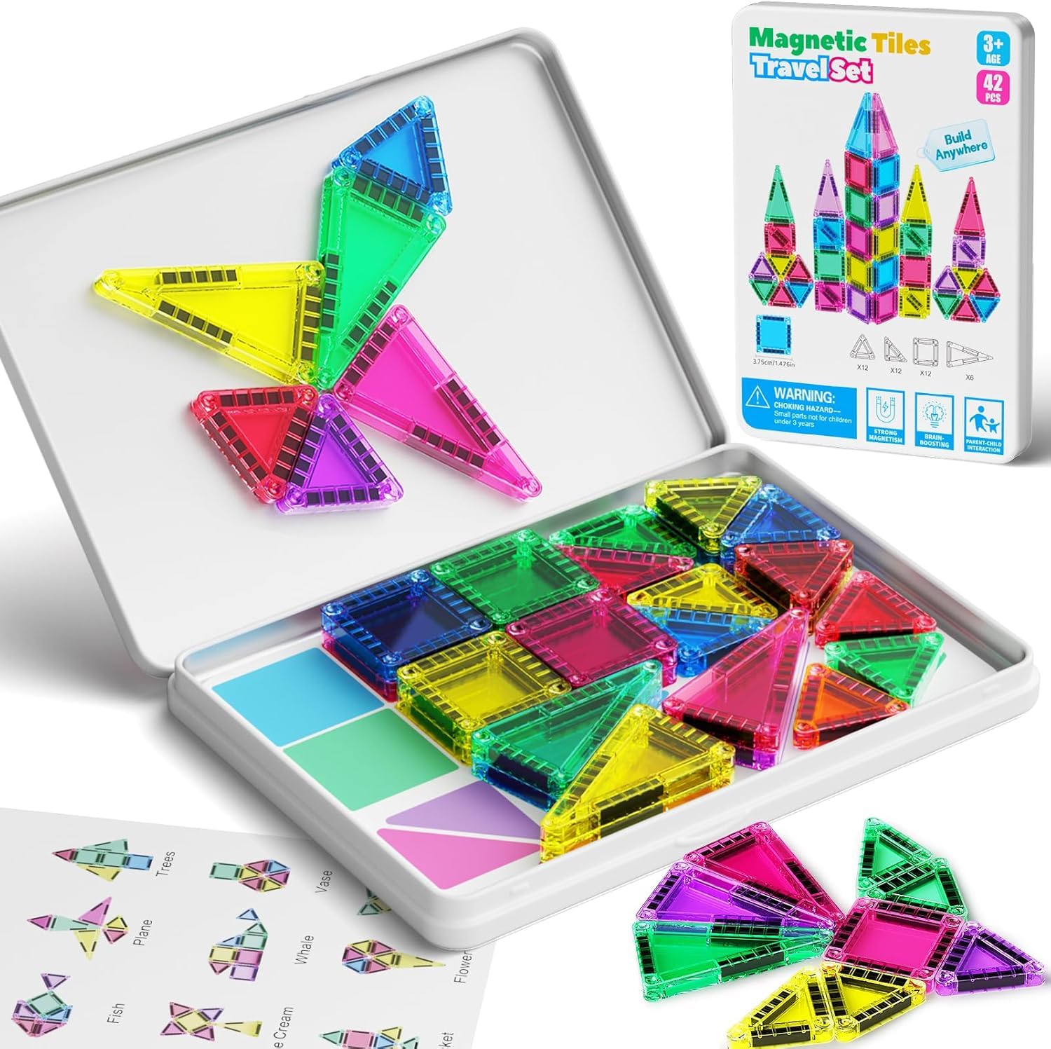 Magnetic Tiles Construction Set 42pcs Travel Toys for Kids Portable Travel MINI Magnetic Tiles Toy Magnet Toys On-The-Go Fun STEM Travel Set Montessori Toy Gift for 3+ Years Toddlers — image 1