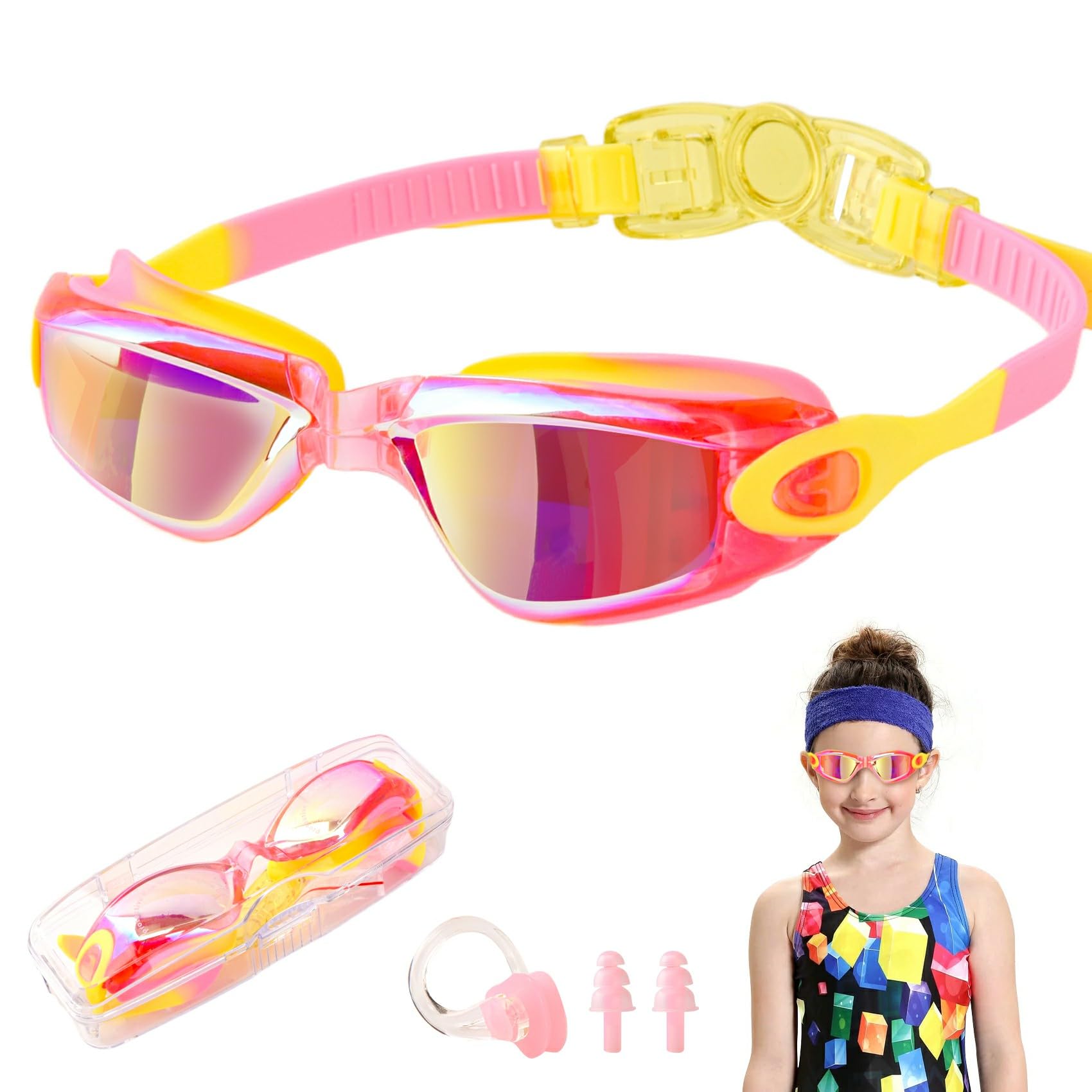 Aucpod Kids Swimming Goggles - Boys Girls Children Colored Swim Goggles for Kids 3-16, Anti-Fog, Waterproof, No Leaking (Pink)