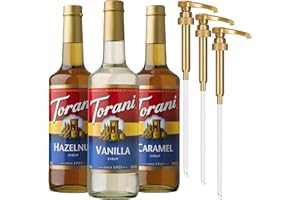 Torani Coffee Syrup, Vanilla, Caramel, and Hazelnut Variety 3-Pack, Flavoring for Drinks, Pumps Included, 25.4 Fl Oz Ea