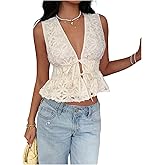 SOLY HUX Women's Deep V Neck Tie Front Blouse Floral Sleeveless Peplum Ruffle Hem Shirt Tops