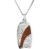 Aloha Jewelry Co. 925 Sterling Silver Natural Koa Wood Hawaiian Surfboard Necklace Pendant, Nickel Free Hypoallergenic for Sensitive Skin, Heirloom Scroll Hibiscus Flower Wave, with 18" Box Chain
