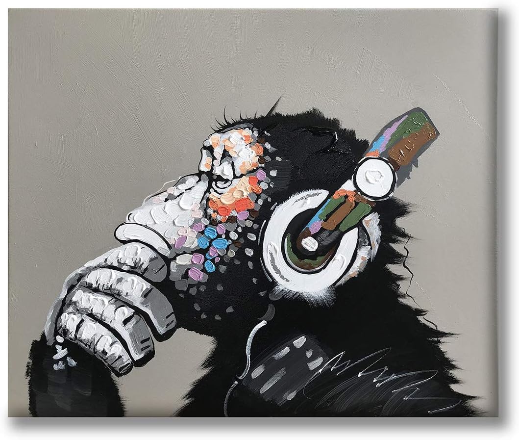 Paintings - Yatehui Cool Ape Oil Painting on Canvas 100% Hand Painted Pop Art Funny Gorilla Thinking Monkey Listening to Music with Headphone Canvas Wall Art Framed Ready to Hang 24 x 20 Inches