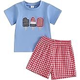 Mobbdow Toddler Baby Boy 4th of July Outfit Embroidery Short Sleeve T-Shirt Plaid Shorts Set 2Pcs Independence Day Clothes