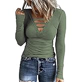Poetsky Women's Casual V Neck Criss Cross Shirts Long Sleeve Tunic Tops Ribbed Knit Slim Fitted Tee