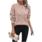 MakeMeChic Women's Polka Dots Sweaters Long Sleeve Fall Sweater Round Neck Knitted Tops
