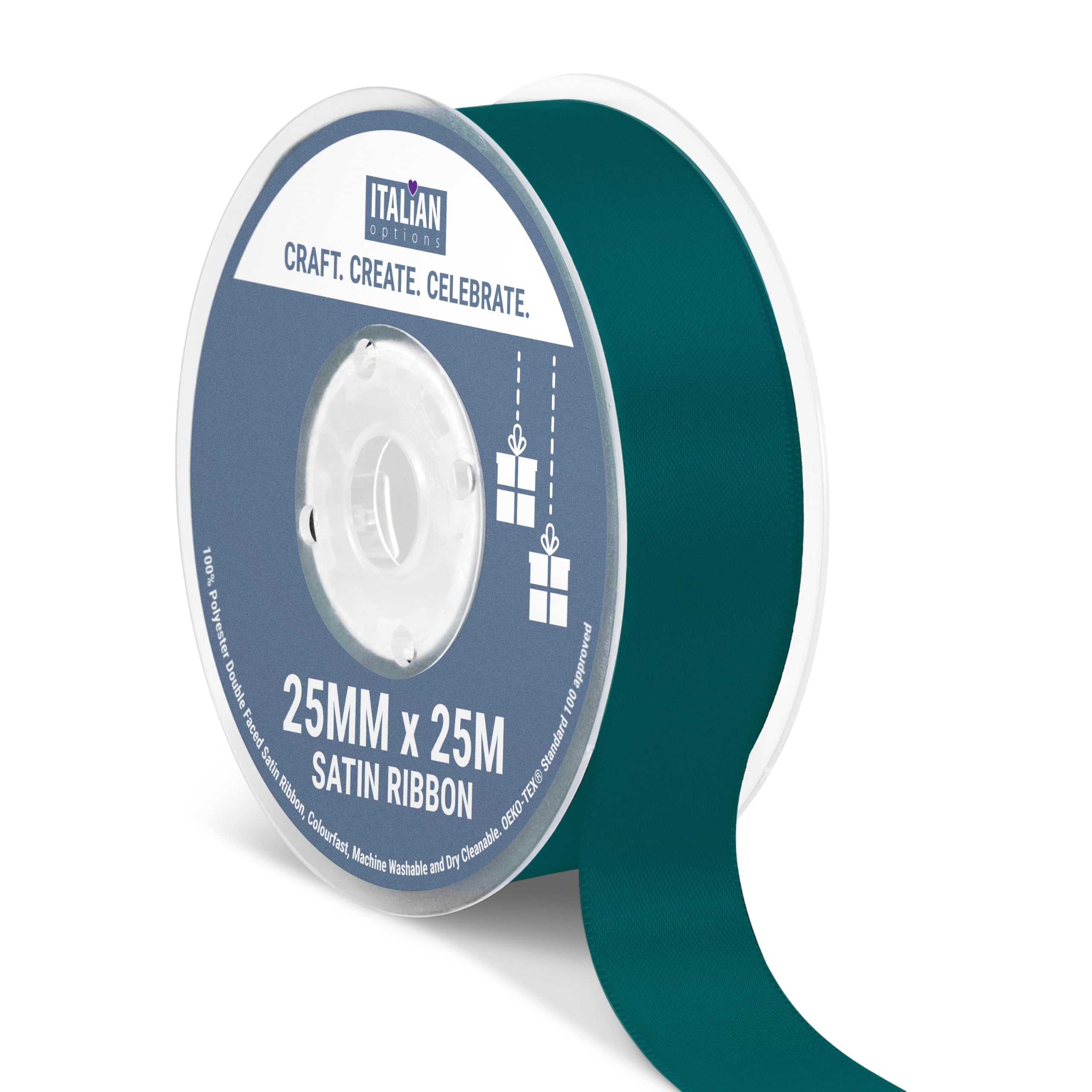 Italian Options Satin Ribbon, Fabric Ribbons for Gift Wrapping, Crafting, Balloons, Wedding Car, Presents, Cake, Christmas, Birthday, Gift Wrap Accessories, 25mm Wide x 25 Metre Roll, Teal