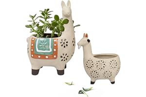 LA JOLIE MUSE Ceramic Animal Succulent Planter Pots - 6.1 + 4.5 inch Cute Alpaca / Llama & Goat Rough Pottery Unglazed Flower Plant Pots Indoor with Drainage for Herb Cactus Air Plants, Home Decor Gifts for Mom