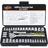 YSMD 40 Pieces 1/4-Inch & 3/8-Inch Entry-level Drive Socket Set with Reversible Ratchet, Wrench Set with Extension bar, SAE/M
