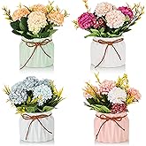 BLOSMON Fake Flowers in Vase for Centerpieces: 4 PCS 5.9 Inch Small Artificial Hydrangea with Vase Table Decor - Faux Floral Arrangements Desk Home Party Bathroom Office Decorations
