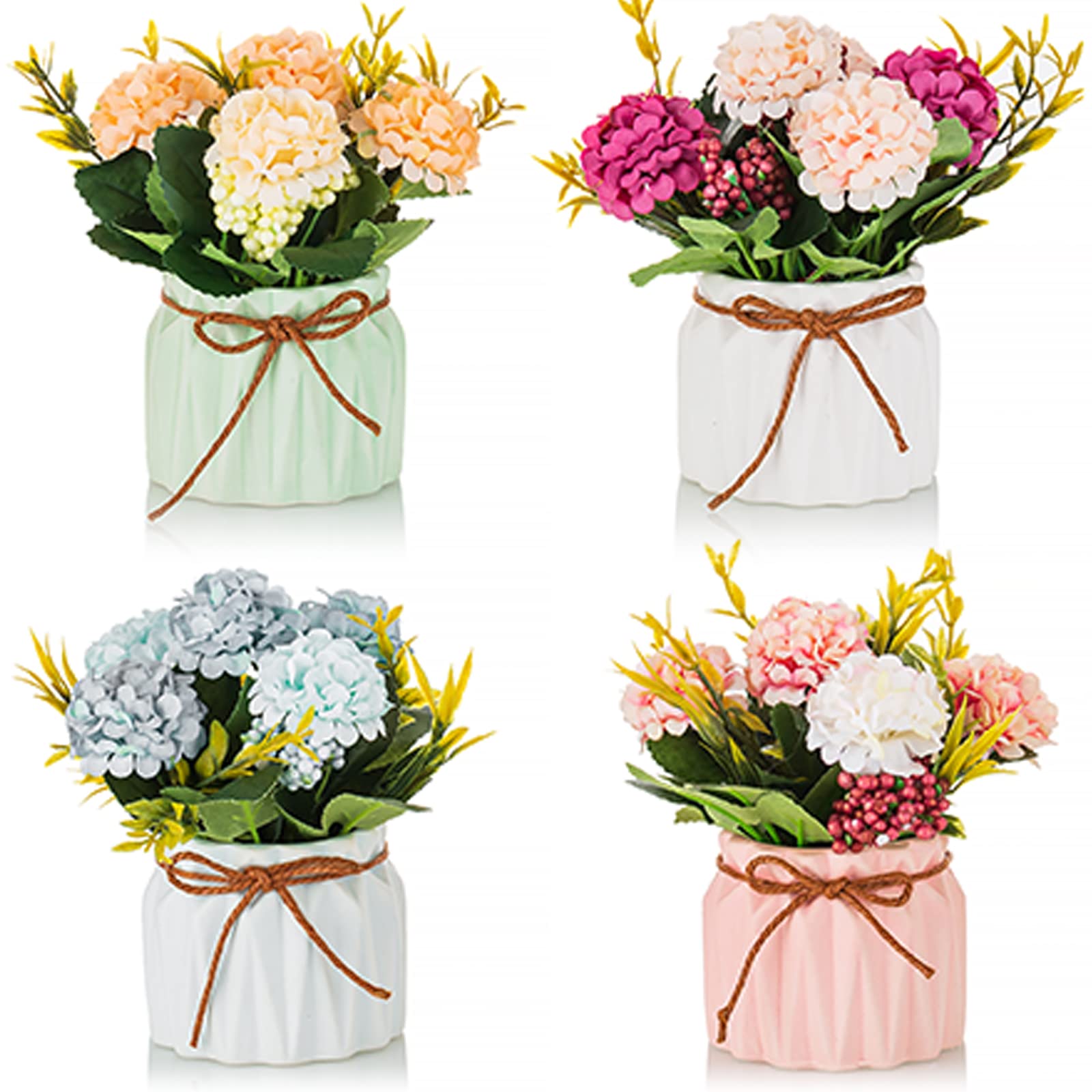 BLOSMON Artificial Flowers in Vase Decoration 4Pcs Fake Flower with Vases for Table Decorations Small Plastic Floral Arrangements Indoor Room Window Desk Centrepiece Silk Plant Bouquet Decor
