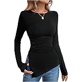 Floerns Women's Solid Long Sleeve T Shirts Split Asymmetrical Hem Ruched Tee Tops