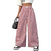 SOLY HUX Girl's Plaid Gingham Baggy Pants Elastic High Waisted Wide Leg Long Pants Trousers