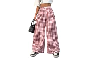SOLY HUX Girl's Plaid Gingham Baggy Pants Elastic High Waisted Wide Leg Long Pants Trousers