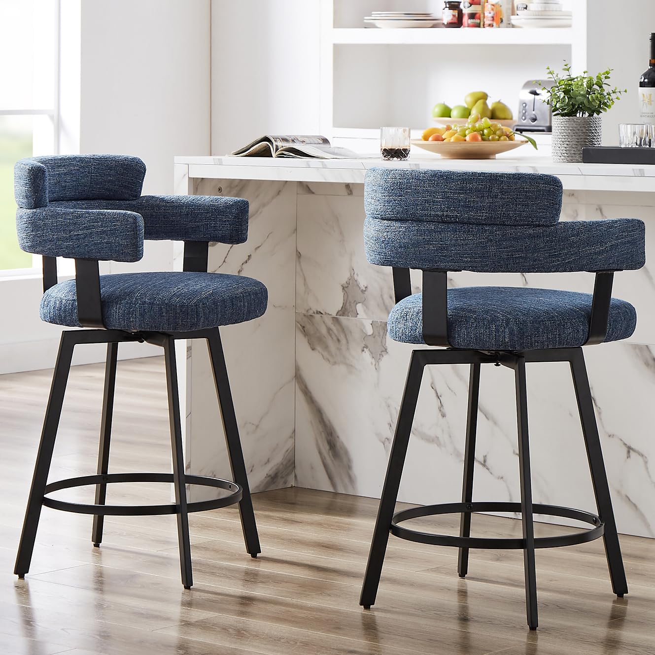 Photo 1 of FERFALDER Counter Height Bar Stools with Full Back – Swivel Counter Stools Set of 2 with Linen Padded Back, Metal Footrest, Modern Barstools for Kitchen Counter, Island, Dining Room, Blue 24 inch