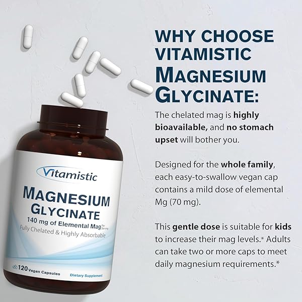 VITAMISTIC MAGNESIUM GLYCINATE, CHELATED, HIGHLY BIOAVAILABLE, FULLY REACTED & NON-BUFFERED, GENTLE ON THE STOMACH, 140 MG ELEMENTAL MAGNESIUM, FOR SLEEP, BONE, MUSCLE, NON GMO, 120 VEGAN CAPS