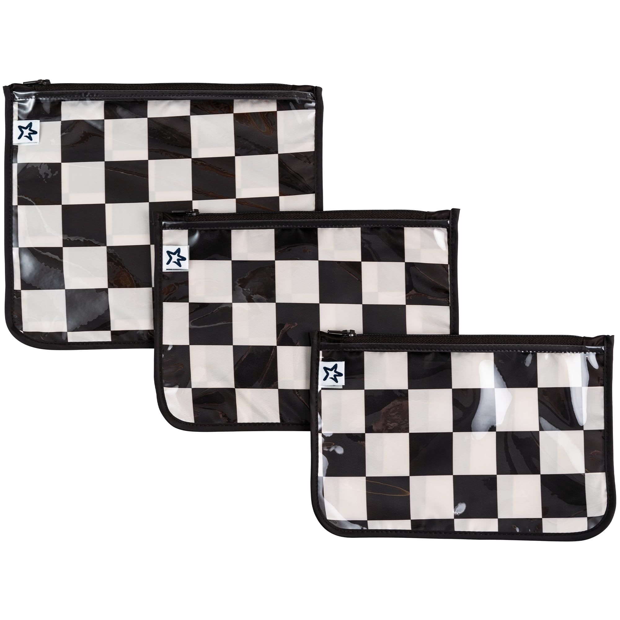Photo 1 of Tiny Twinkle Mess-proof Travel Bags, Airline Compliant, Zipper Closure, Clear Front Pouch, Diaper Bag Packing, Toiletry or Cosmetics Organizer 3 Pack Set (Black Checkers)