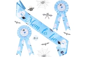 JOYMEMO Blue Halloween Baby Shower Decorations, Mom to Be Dad to Be Badge, Mom to Be Sash for Daddy and Mommy Halloween Baby Shower Party Favors, Gender Reveal Party Supplies