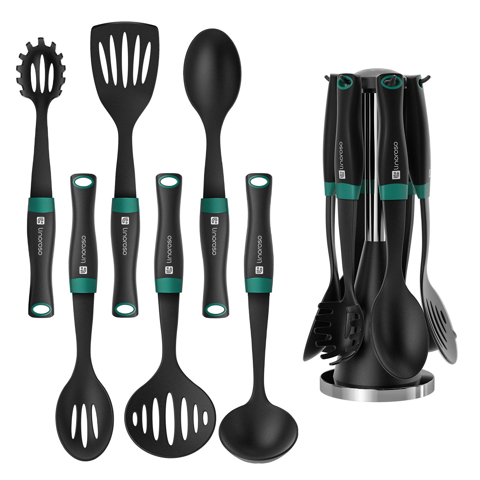 Linoroso Kitchen Utensils Set 6 Pcs, Cooking Utensil with Exquisite Rotating Stand Innovative Weighted Handle Included Non-Stick Spatula Spoon - Black & Peacock Green (BPA Free, Non-Toxic)