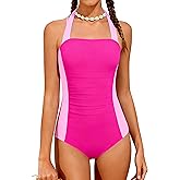DONWEN Girls Swimsuit Color Block Halter Neck + Criss Cross Straps Ruched One Piece Bathing Suit for Girls 9-16Y