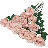 ATFL Blush Flowers,12 Pcs Blush Pink Roses,Light Pink Artificial,Flower Diameter 4'',Artificial Roses with Stems for Wedding Arrangement Centerpieces Party Home Table Decorations(Blush Pink)