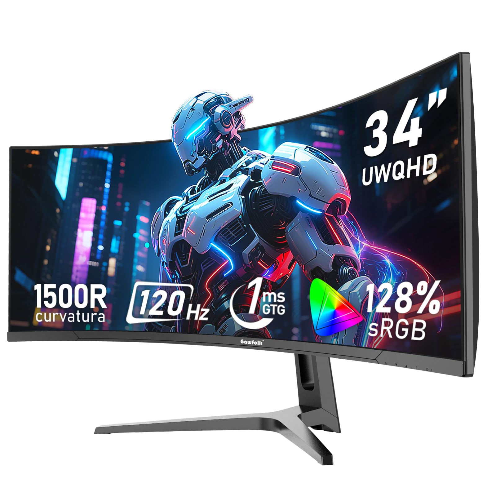 Gawfolk 34 Inch Ultrawide Curved 120Hz Gaming Computer Monitor 1500R PC Screen 21:9 UWQHD (3440x1440),Adaptive Sync,178° Viewing Angle,128% sRGB,Display Port、HDMI,Compatible with Wall Mounted -Black Image