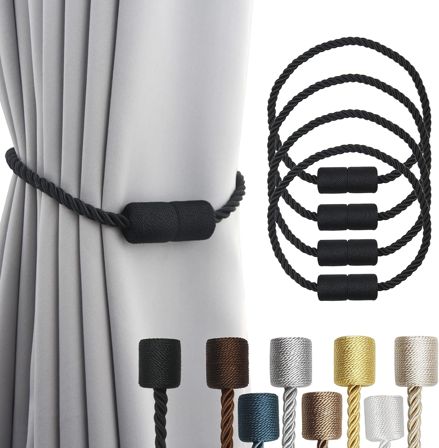 Window Treatment Hardware - Porlau 4 Pack Strong Magnetic Curtain Tiebacks Outdoor Elegant Decorative Tie Backs Modern Rope Tiebacks for Drapes Window Curtain Holdbacks for Draperies- Black