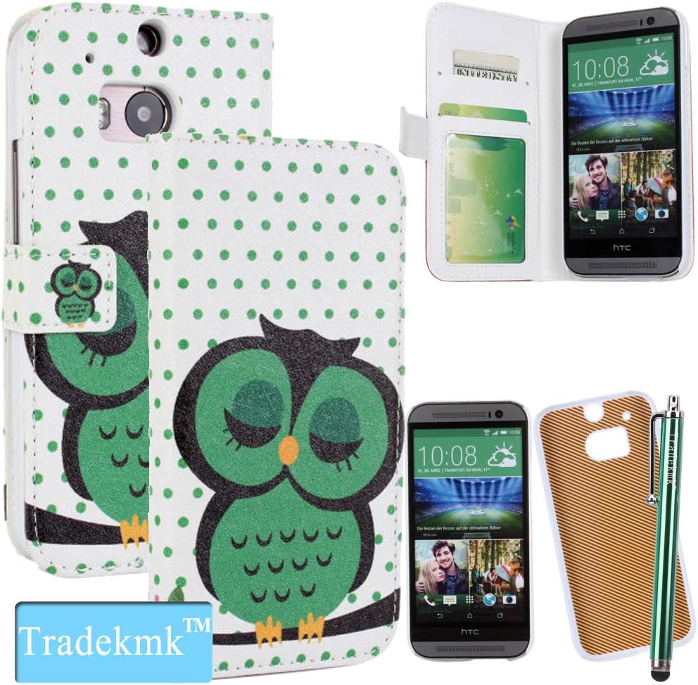 HTC One M8 Case, Tradekmk(TM)Detachable Two-in-one Premium PU Leather Flip Wallet Magnet Design Polka Dots Green Owl Pattern Stand Case Cover Fit For HTC One M8,with Credit Cards Slots,Stylus Pen,Screen Protector and Cleaning Cloth