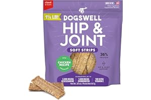 DOGSWELL Hip & Joint Dog Treats 100% Meaty, Grain Free, Glucosamine Chondroitin & Omega 3, Chicken Soft Strips 20 oz