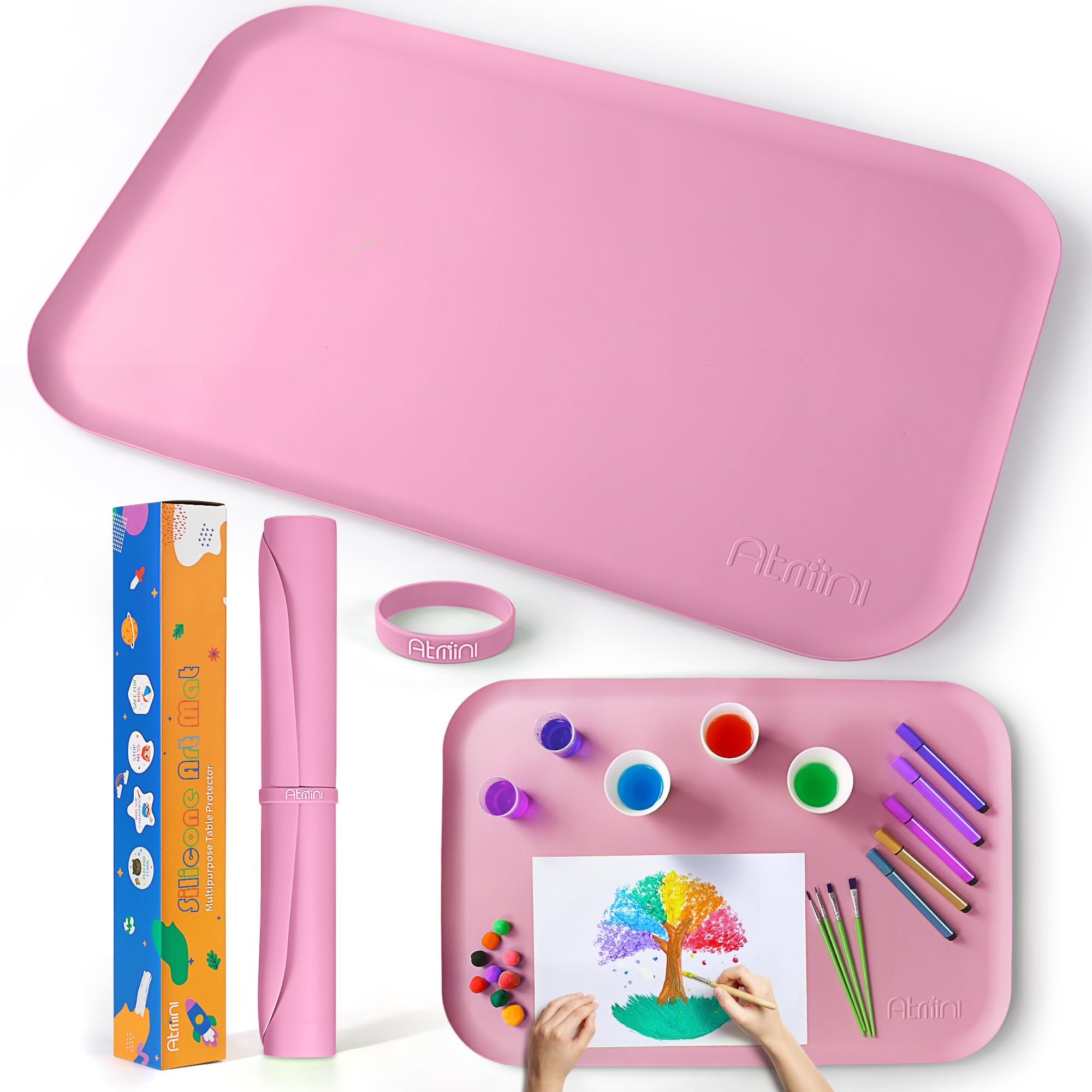 AtMini Silicone Mat 24 x 16 Inches, Silicone Mats for Crafts, Sand Art, Painting, Resin, Handmade Jewellery, Drawing, Multi-Purpose Table Mat with Raised Edges to Keep Clean (Pink), SAM-1