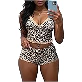 SOLY HUX Women's Leopard Pajamas Lace Sleeveless Crop Cami Top and Shorts Outfit Pjs Loungewear Set