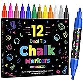 12 Dual Tip Liquid Chalk Markers - Erasable Marker Pens for Blackboard, Chalkboard Signs, Glass, Chalk Pens Wet Erase Makers for Bar Menu, School,Wedding Sign, Just Married Car Windows Decorations