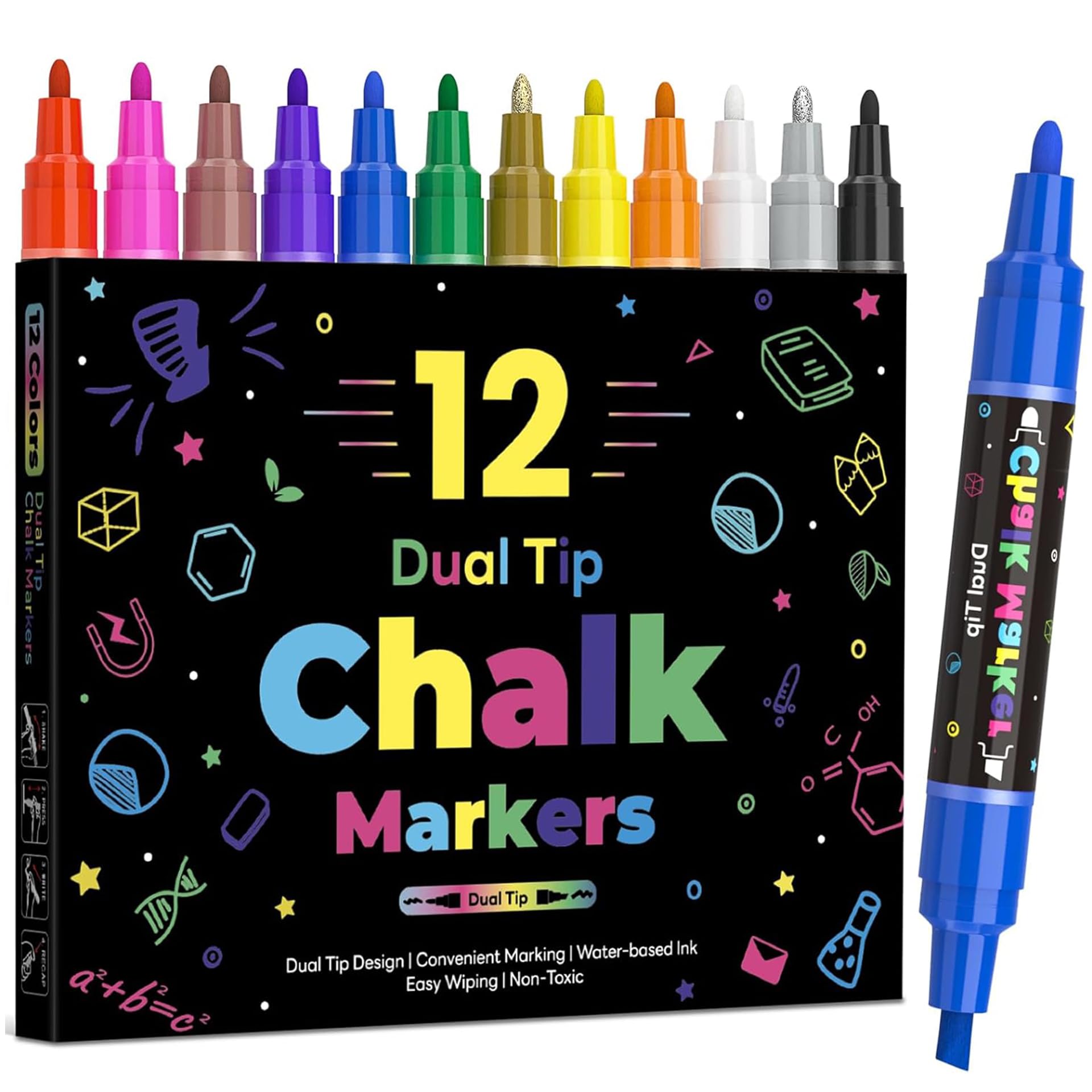 Photo 1 of 12 Dual Tip Liquid Chalk Markers - Erasable Marker Pens for Blackboard, Chalkboard Signs, Glass, Chalk Pens Wet Erase Makers for Bar Menu, School,Wedding Sign, Just Married Car Windows Decorations
