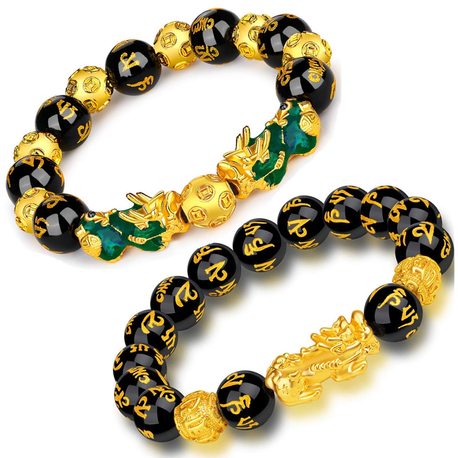 Homelavie 2 Pcs Feng Shui Black Obsidian Wealth Bracelet 12mm Mantra Bead Pi Xiu Bracelets for Women Men Attract Wealth and Good Luck (Style B)