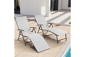 Crestlive Products Folding Patio Chaise Lounge Chair for Outside, Set of 2, Aluminum Adjustable Outdoor Pool Recliner Chair, Brown Frame, 8 Positions (2 PCS Light Gray)