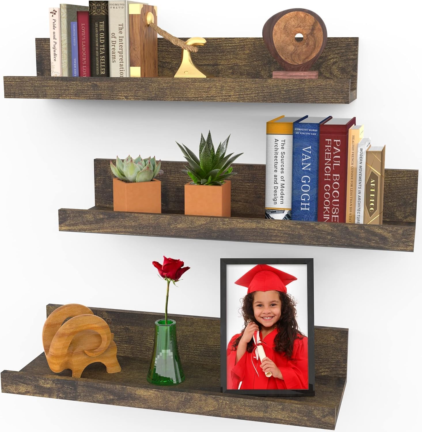 Icona Bay- 40 cm / 16 Inch Floating Shelves for Wall - Set of 3 in Walnut Brown - Modern Rustic Style - Wall Mounted Display Shelves - Picture Ledges