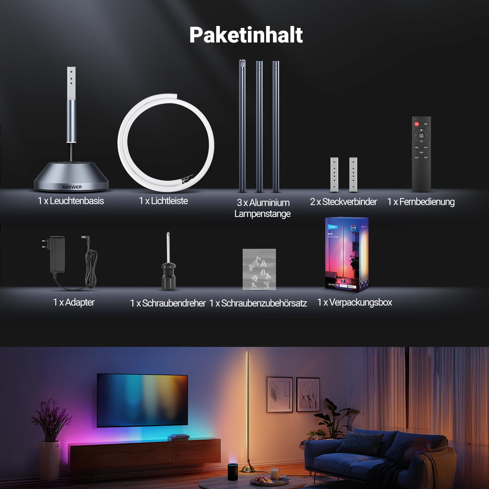 NEEWER Smart RGB IC W Stehlampe, 1500lm LED Eckleuchte kompatibel mit Alexa Google, APP Steuerung/AI DIY/Musiksynchronisation/16 Millionen Farben, Licht für Wohnzimmer Schlafzimmer Dekor, NF01 8