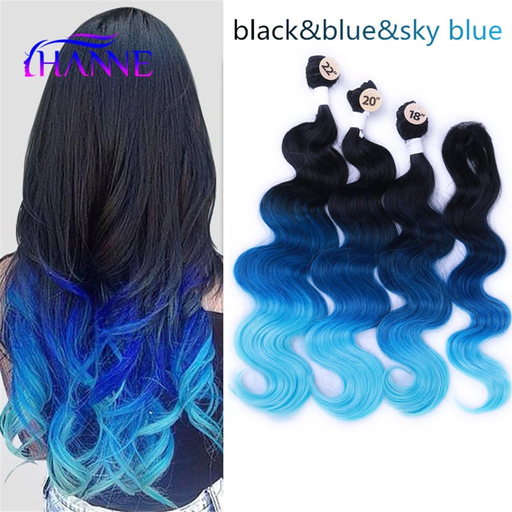 HANNE Ombre Color Hair Synthetic Body Wave Hair 18"20"22" with Closure Heat Resistant Fiber Hair Colorful Synthetic Hair Extensions (Black&Blue&Sky Blue)