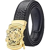 VJK Luxury Men's Belts Gold Tiger Head Automatic Buckle Alloy, PU Leather Men Waist Strap, Slide Easier Adjustable Belt, Cut To Fit, Men Dress Casual Ratchet Belt (49in)